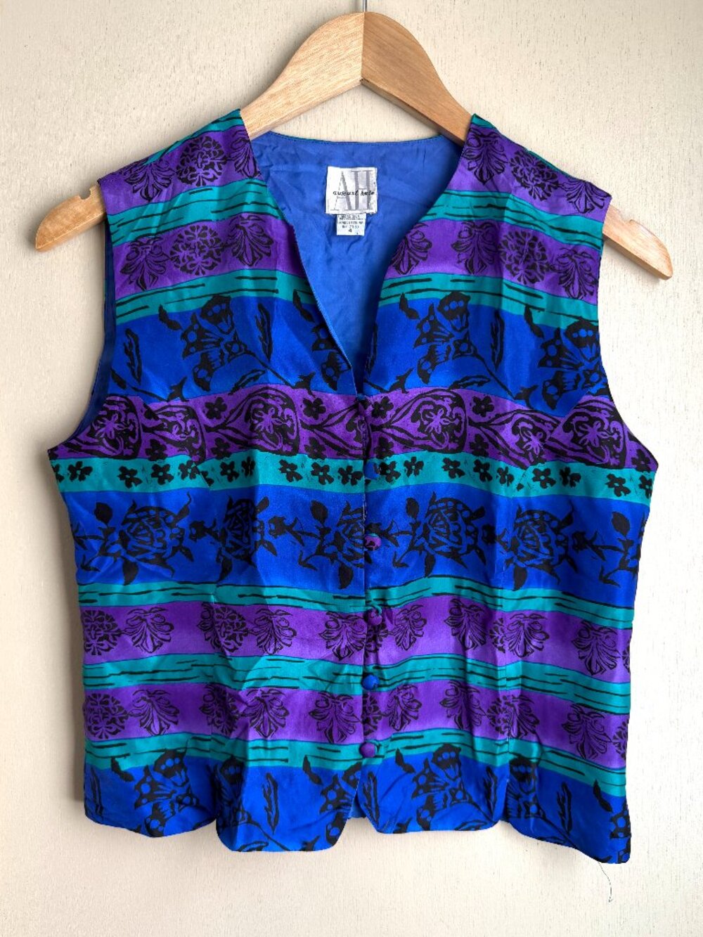 Vintage August Hale 100% Silk Geometric Floral Vest Size 4 Small Stain On Front